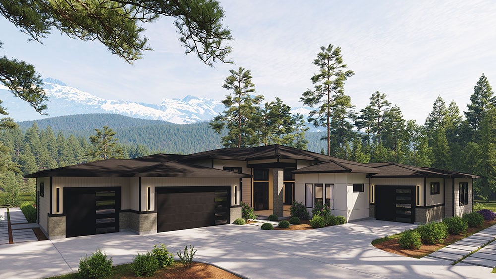 Modern prairie-style home with dark roof, stone accents, and a garage set against a pine forest and snow-capped mountain backdrop.