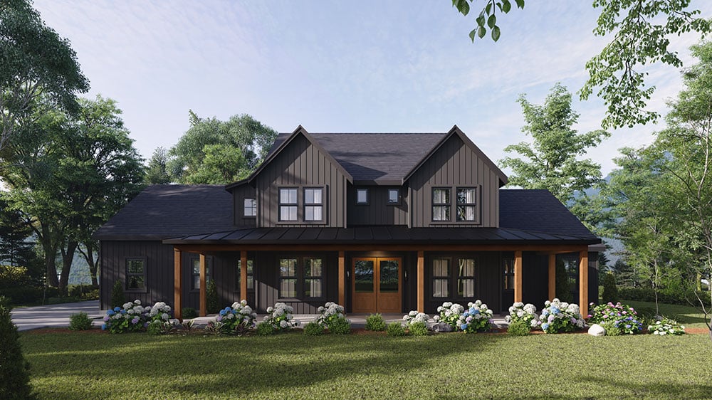 Dark Modern Farmhouse with board-and-batten siding, a wraparound covered porch with timber columns, and lush hydrangea landscaping.